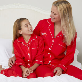 Personalised Matching Red Cotton Christmas Classic Pyjama Mum Child, 3 of 9