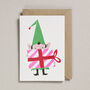 Risograph Christmas Card Elf With Gift, thumbnail 1 of 6