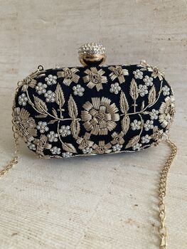 Black Handcrafted Embroidered Pearl Oval Clutch Bag, 3 of 10