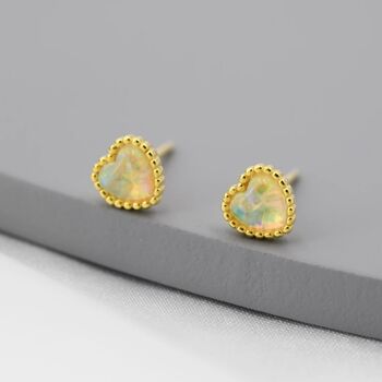 Sterling Silver Tiny Opal Heart Stud Earrings, 5 of 11