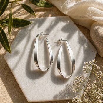 Ribbon Teardrop Curved Sterling Silver Hoop Earrings, 2 of 11