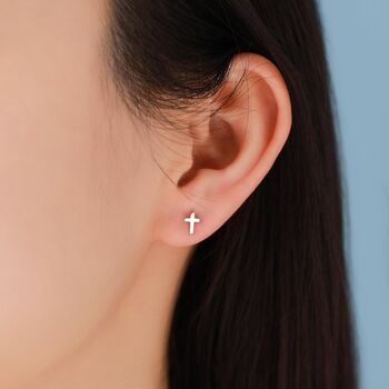 Tiny Cross Internally Threaded Flat Back Earrings In Sterling Silver, 3 of 9