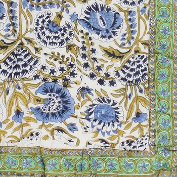 Green And Blue Floral Indian Block Printed Cotton Bed Quilt, 6 of 9