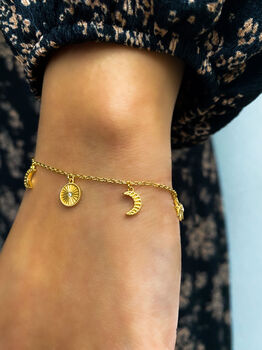 Gold Plated Engraved Moon, Star And Sun Charm Bracelet, 4 of 8