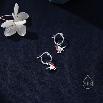 Sterling Silver Robin Bird Dangle Huggie Hoops, 6 of 10