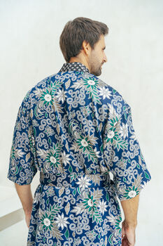 Men’s Full Length Kimono Robe In Blue, 5 of 5