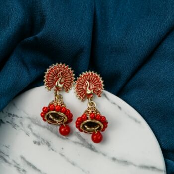 Red Intricate Peacock Colourful Asian Bridal Jhumkis, 5 of 7