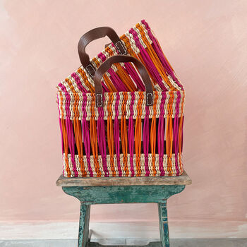 Decorative Reed Basket, Pink And Orange Stripe, 2 of 6