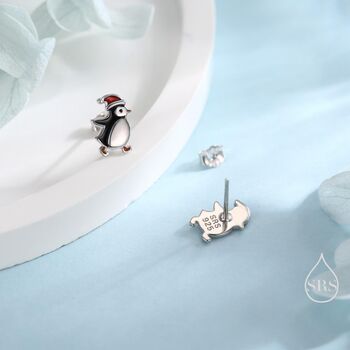 Sterling Silver Cute Penguin With Christmas Hat Stud Earrings, 2 of 11