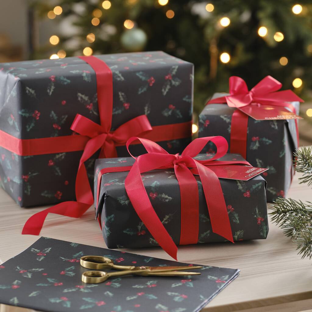 Christmas Holly Wrapping Paper, Gift Tags And Ribbon, 1 of 2