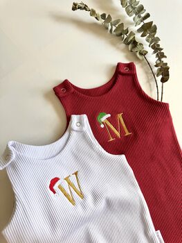 Personalized Festive Bear Baby Dungarees Romper | Custom Embroidered Christmas Outfit | Newborn First Christmas Gift, 3 of 9