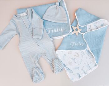 Personalised New Baby Gift Set, Handmade Newborn Blanket And Comforter With Wooden Teether, 4 of 6