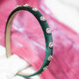 Narrow Velvet Gem Headband In Green, thumbnail 1 of 3