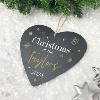 Personalised Festive Gold Slate Hanging Heart Decoration 15 X 16cm, 2 of 6