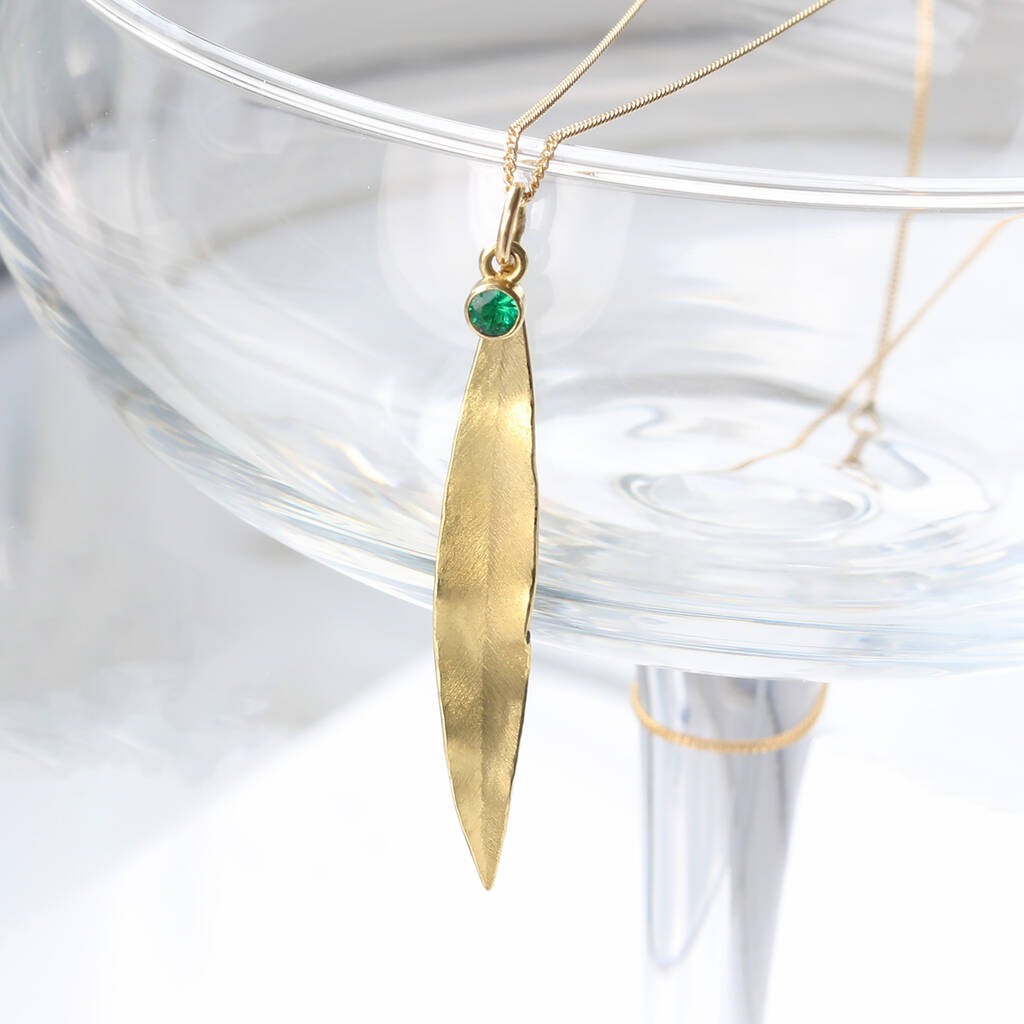 18ct Gold Leaf Pendant With Emerald Charm By Lilia Nash Jewellery