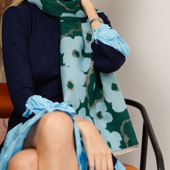 Elegant Woven Scarf In Teal And Sky Blue With Shimmering Metallic Thread, 6 of 11