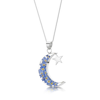 Moon And Star Real Forget Me Not Sterling Silver Pendant Necklace Gold Plated Option, 3 of 11