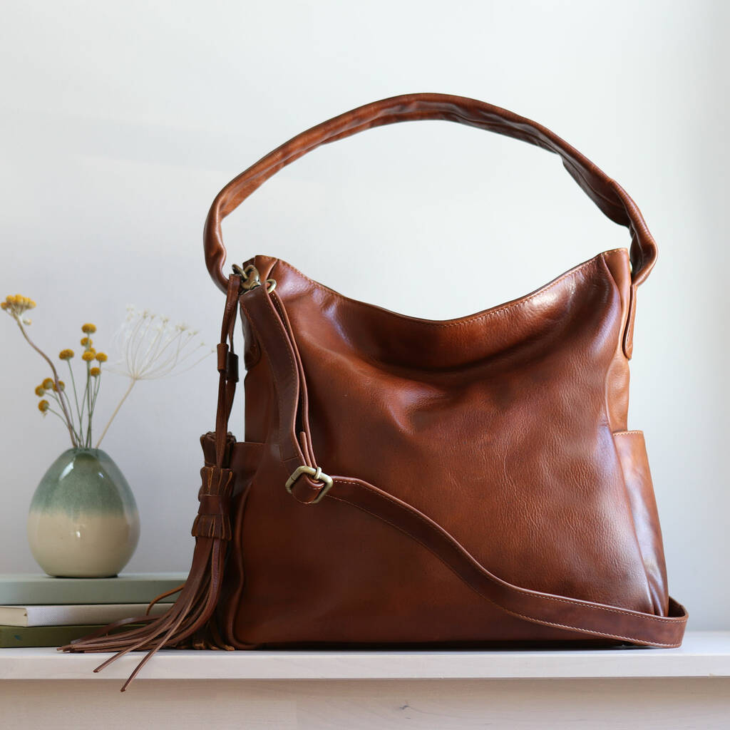 Leather Hobo Tote With Tassel, Tan, 1 of 6