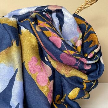 Autumn Leaves Print Scarf In Navy Blue, 2 of 3