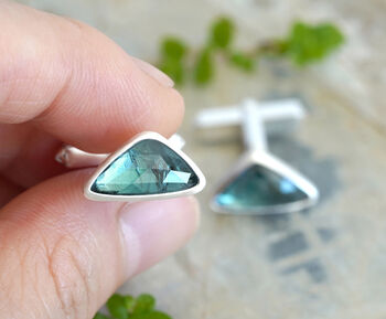 Teal Sapphire Cufflinks In Sterling Silver, 3 of 3