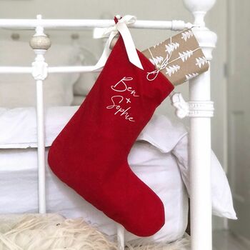 Couples Personalised Red Scandi Christmas Stocking, 2 of 3