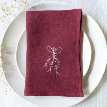 Embroidered Mistletoe Linen Napkins, 5 of 6