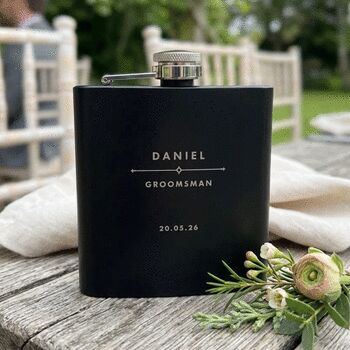 Personalised Modern Engraved Black Metal Hip Flask Wedding, Groomsmen And Birthday Gift, 2 of 5