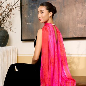 100% Mulberry Silk Scarf, Hot Pink With Red Stripes In Gift Box, 3 of 9