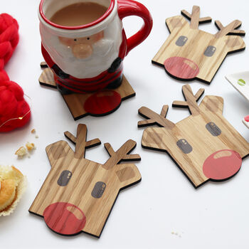 Set Of Four Wooden Reindeer Christmas Coasters, 3 of 8