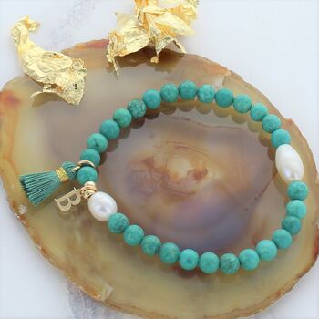 Personalised Turquoise Pearl Stretch Tassel Bracelet, 2 of 3