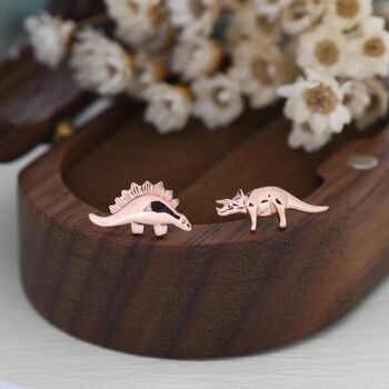 Mismatched Stegosaurus And Triceratops Dinosaur Stud Earrings In Sterling Silver, 5 of 12