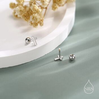 Tiny Cross Screw Back Earrings In Sterling Silver, 3 of 12