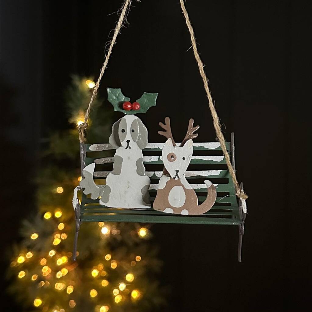 Dogs On A Park Bench Hanging Christmas Decoration, 1 of 2