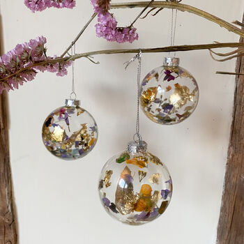 Set Of Three Pressed Flower And Gold Leaf Baubles, 2 of 3