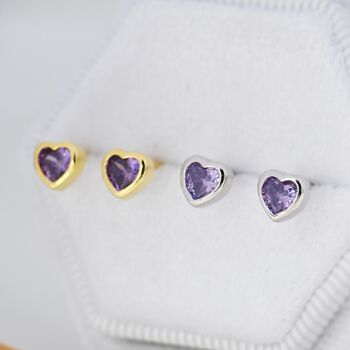 Tiny Amethyst Purple Cz Heart Stud Earrings, 3 of 12