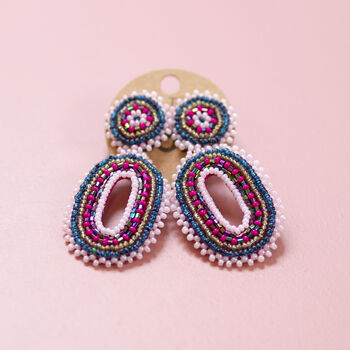 Pink And Blue Beaded Oval Statement Earrings, 4 of 4