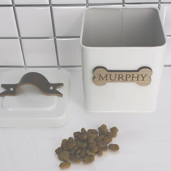 Personalised Farmhouse Pet Treat Tin With Walnut Nameplate, 3 of 7