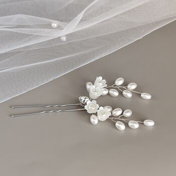 Pearl And Ceramic Flower Bridal Hair Pin, 9 of 12