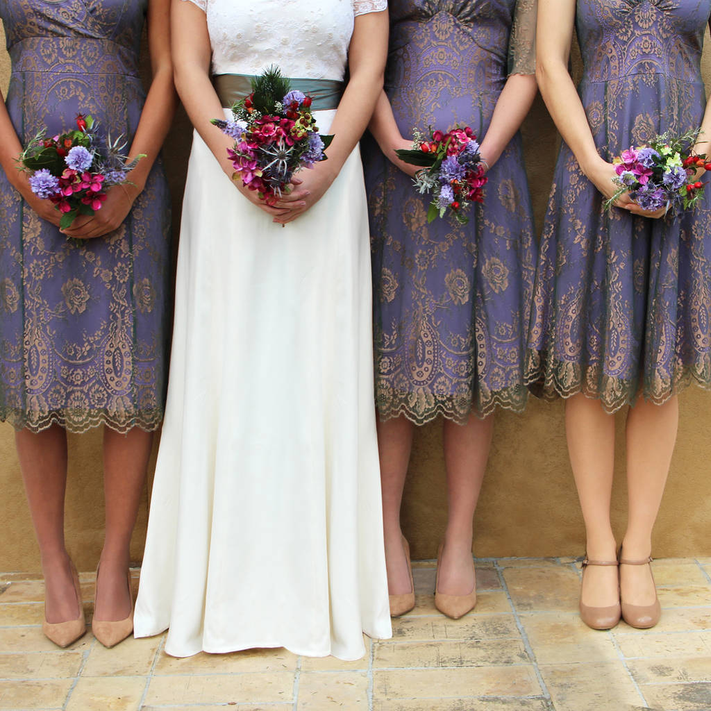Bespoke Lace Bridesmaid Dresses In Bronze And Violet, 1 of 7
