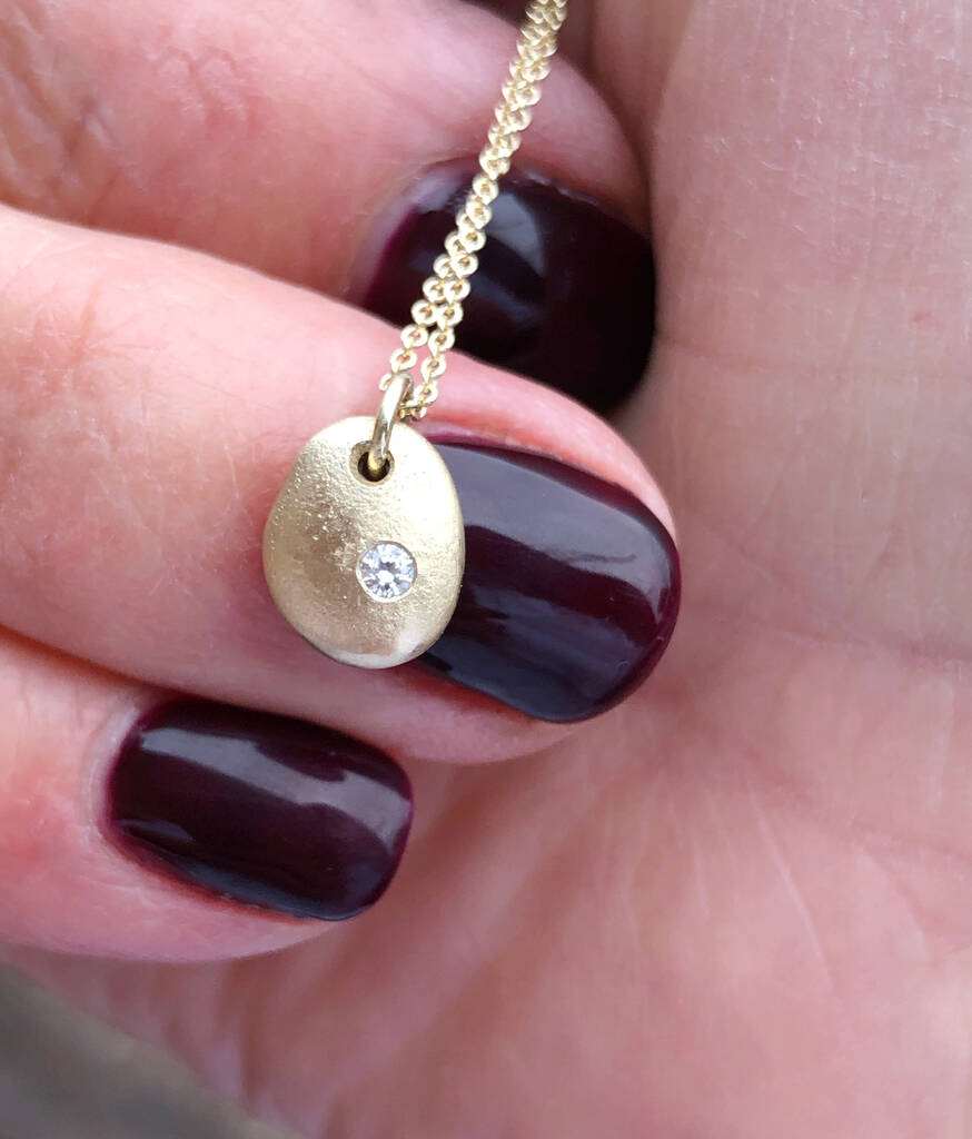 Tiny Solid Gold Pebble Necklace With Feature Diamond, 1 of 4