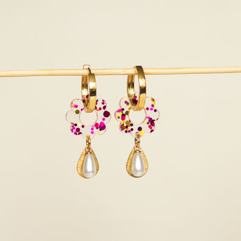 18 K Gold Plated Hoop Earrings With Flower And Pearl Drop, 3 of 11