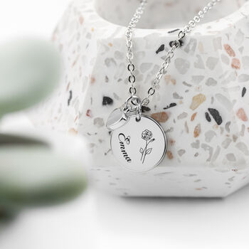 Personalised Birth Flower Heart And Disc Necklace, 11 of 12