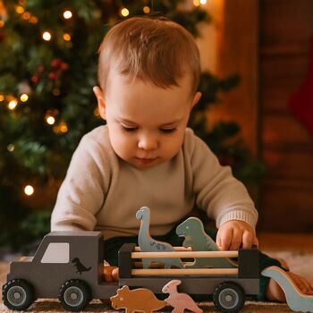 Personalised Wooden Dinosaur Jeep Toy With Trailer And Dinosaurs, 4 of 5
