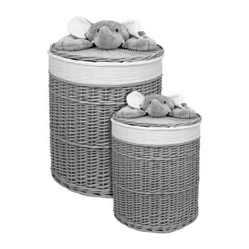 Set Of Two Grey Wicker Laundry Baskets With Elephant, 5 of 5
