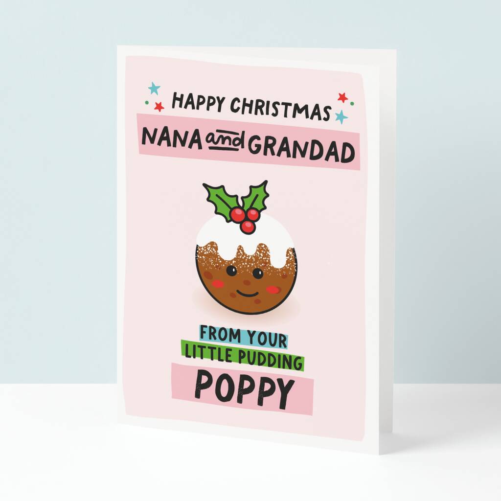 Personalised Nana And Grandad Little Pudding Christmas Card, 1 of 3