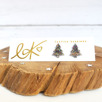 Laser Cut Rainbow Glitter Christmas Tree Earrings Studs, 3 of 9
