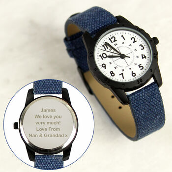 Personalised Black Watch With Blue Canvas Strap, 5 of 5
