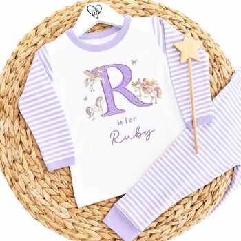 Girls Personalised Lilac Unicorn Pyjamas, 2 of 10
