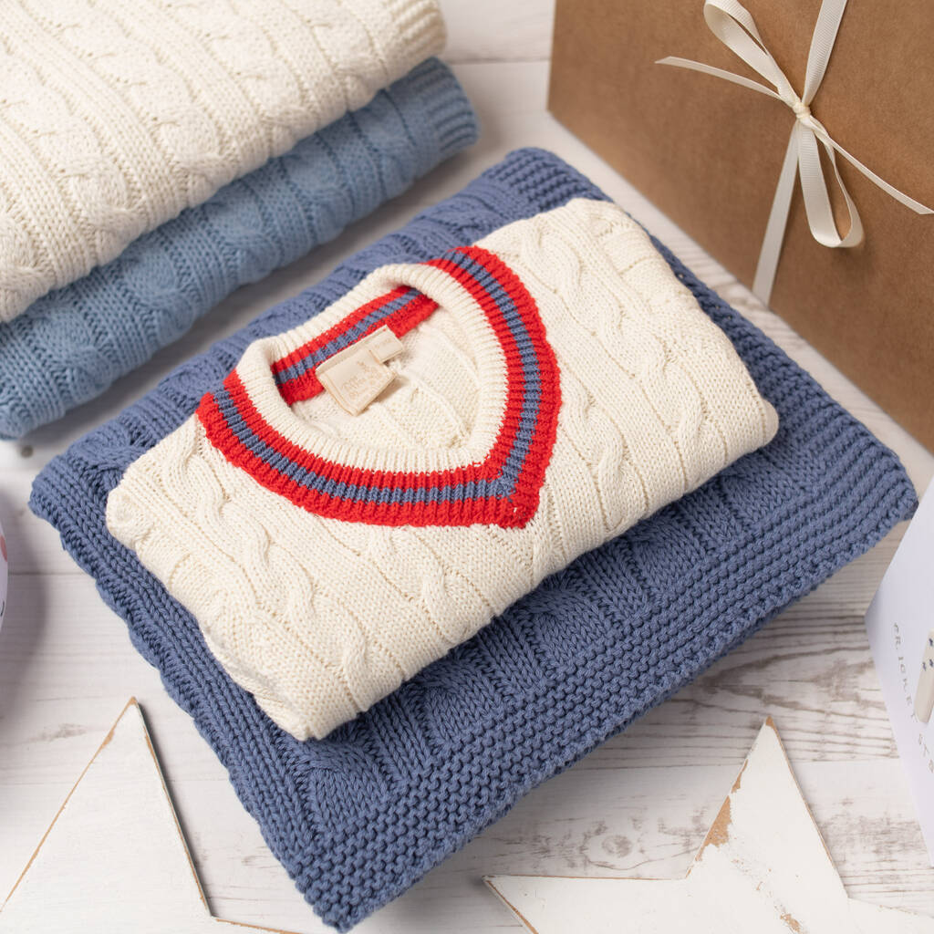 Red Stripe Baby Boy Cricket Jumper And Blanket Gift Set, 1 of 12