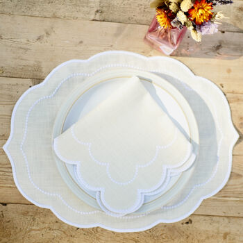 Pair Of Scalloped Embroidered Cream Linen Placemats, 2 of 5